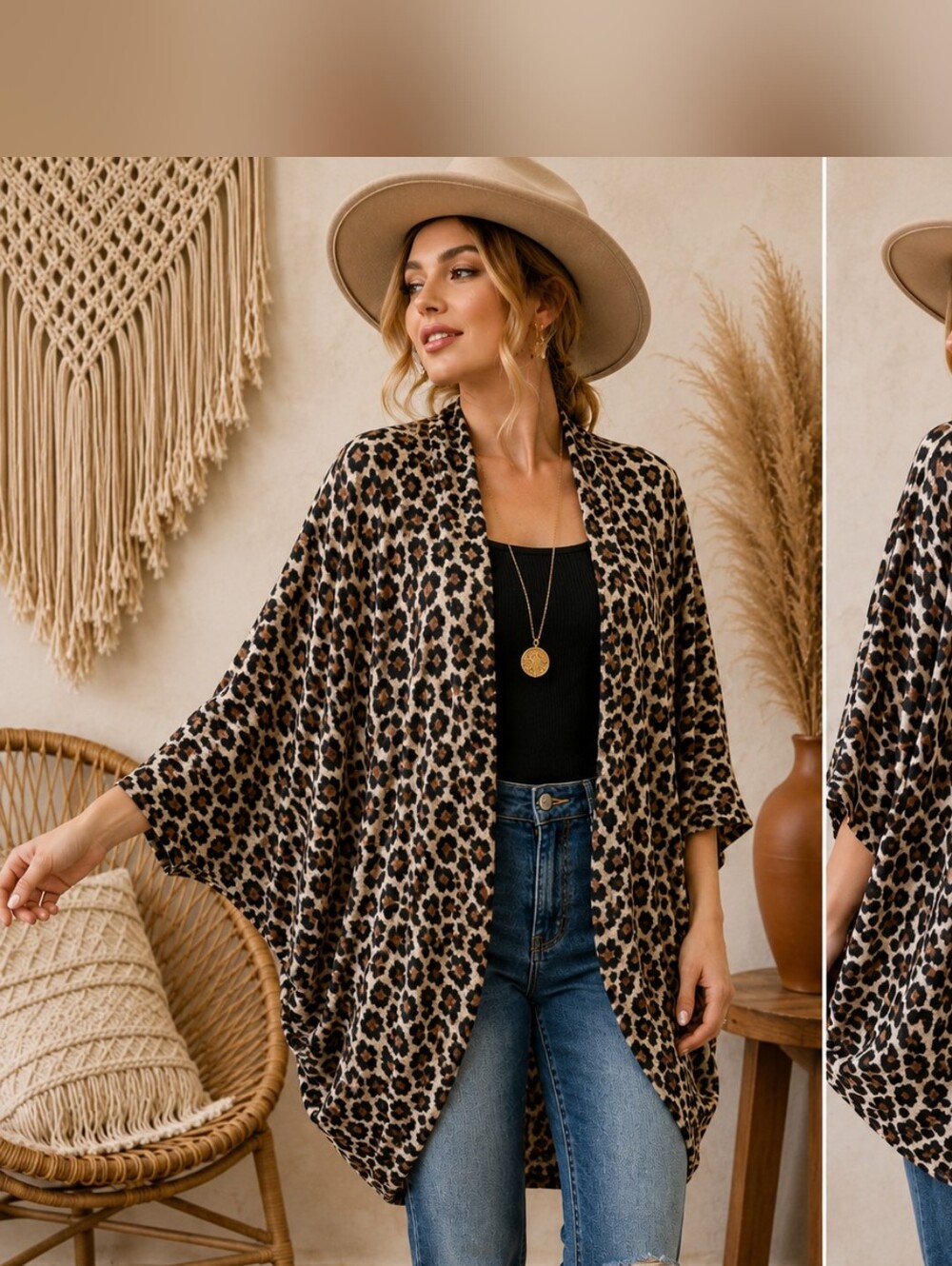 Easel Leopard Print Kimono Cardigan Size Small Batwing Sleeve Boho Cocoon  #710